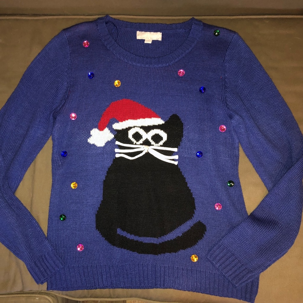 Carolyn Taylor Christmas Cat Blue Sweater